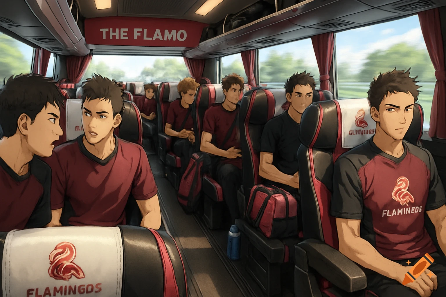 Anime style interior of a team bus with young male players sitting in red and black seats, blurred scenery visible through windows.