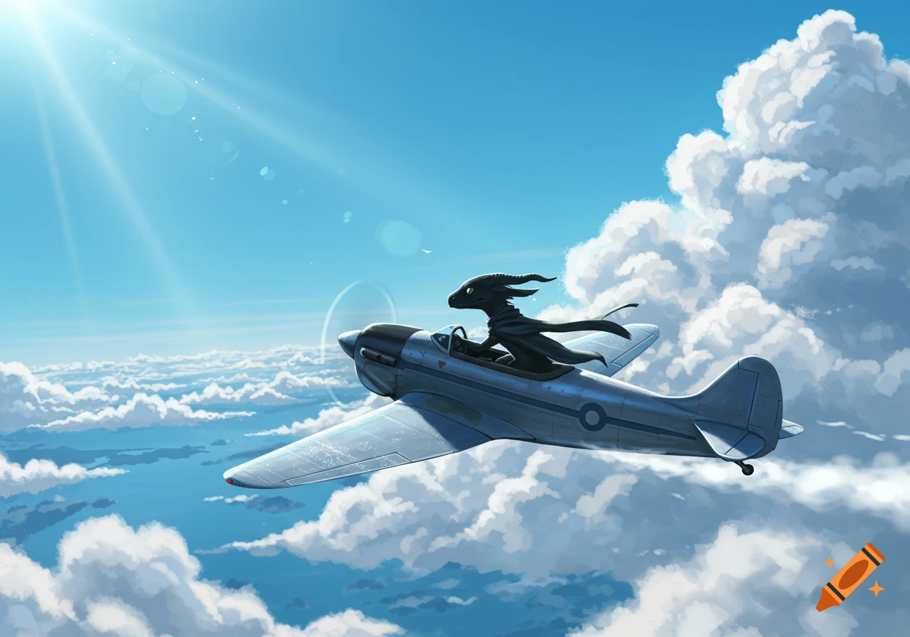 A black alien-like creature flies a silver propeller airplane through a bright blue sky filled with white clouds.