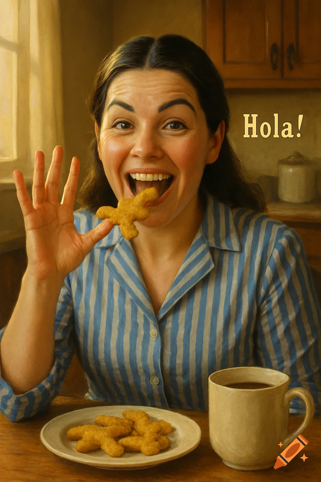 A happy woman in a striped shirt eats a dino-shaped cookie at a table with coffee, 'Hola!' written above, in a realistic painting style.