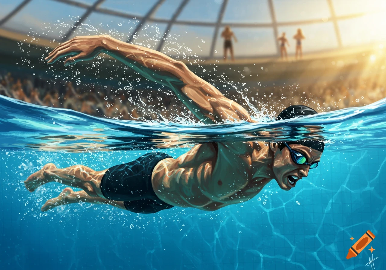 Dynamic illustration of a male swimmer in goggles and cap, mid-stroke with water splashing, half submerged in a sunlit pool.