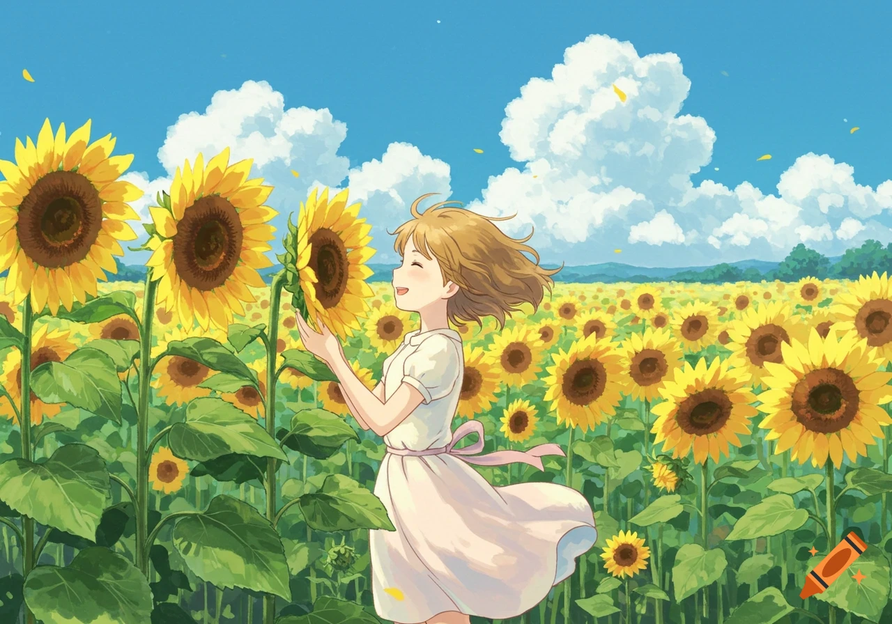 Smiling young girl in Ghibli anime style touching a sunflower in a vast field under a blue sky.