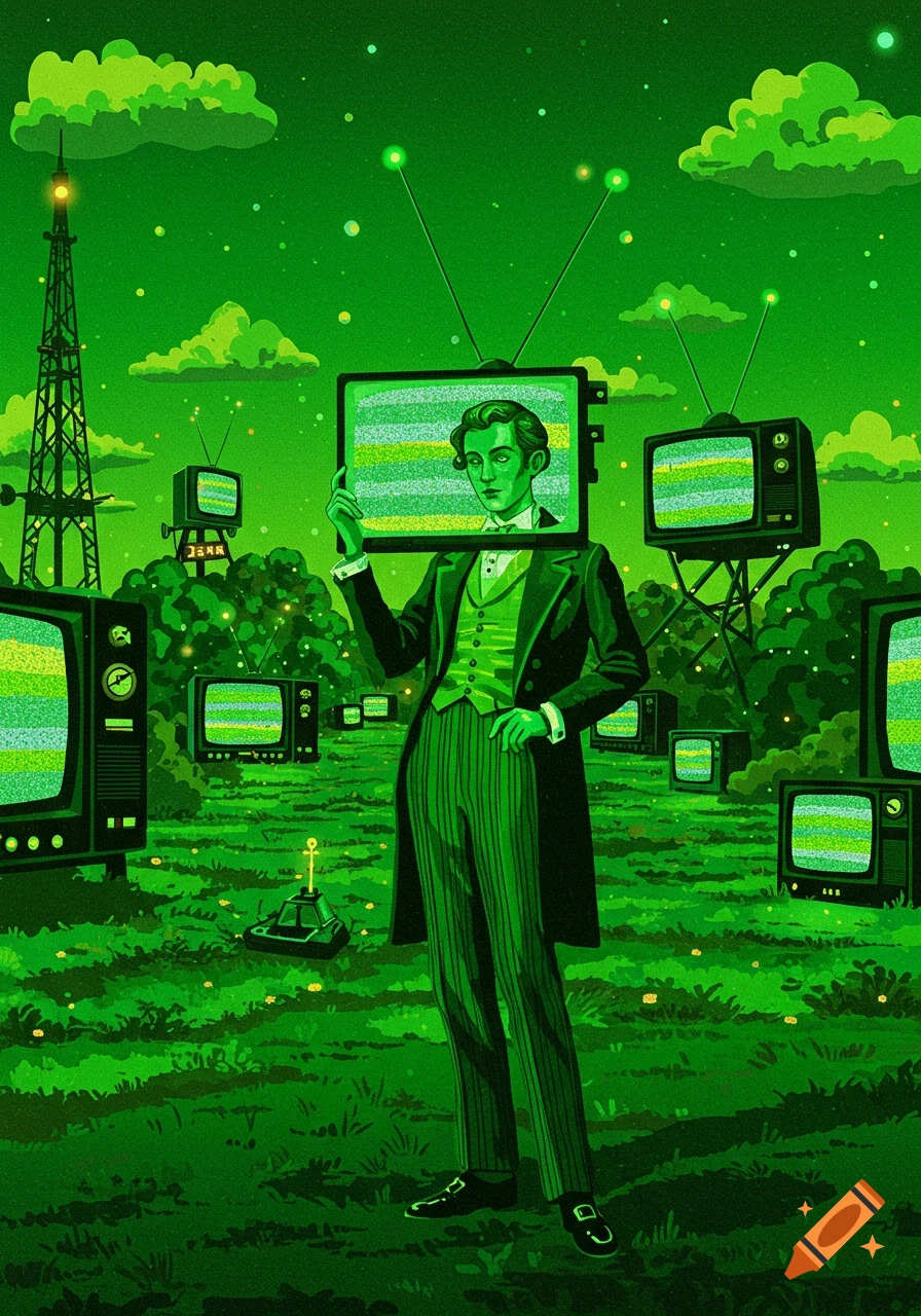 Illustrative image of a man in a green suit with a TV for a head, surrounded by static-filled TVs and a radio tower in a vibrant green landscape.