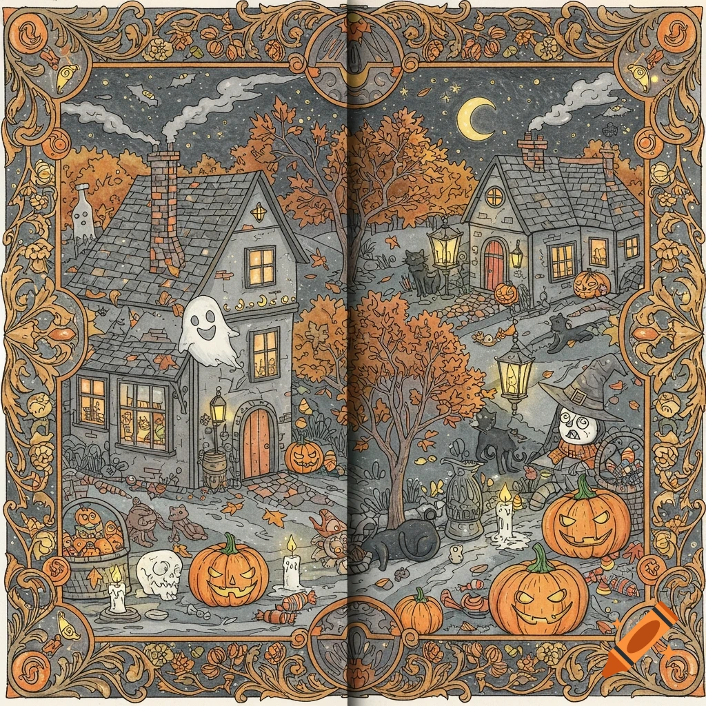 A whimsical Halloween illustration in a coloring book style, featuring houses, pumpkins, ghosts, and black cats under a crescent moon.