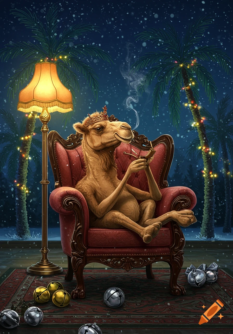 A crowned camel sits in a red armchair, smoking a pipe, next to a lamp. Outside, snow falls on palm trees with Christmas lights; jingle bells lie on the rug. Whimsical illustration.