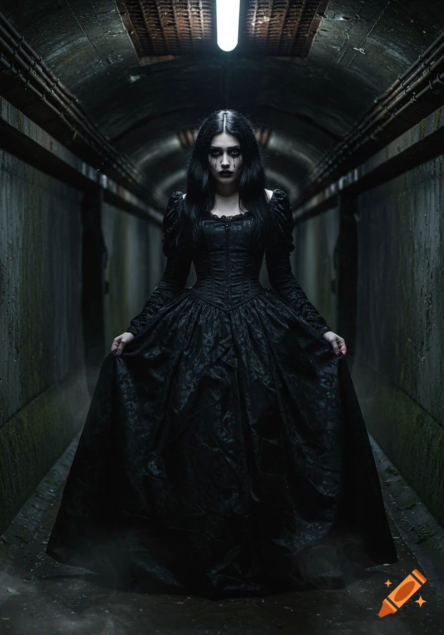 Photorealistic portrait of a Gothic girl in a black princess dress with dramatic makeup, standing in a dark, damp sewer tunnel.