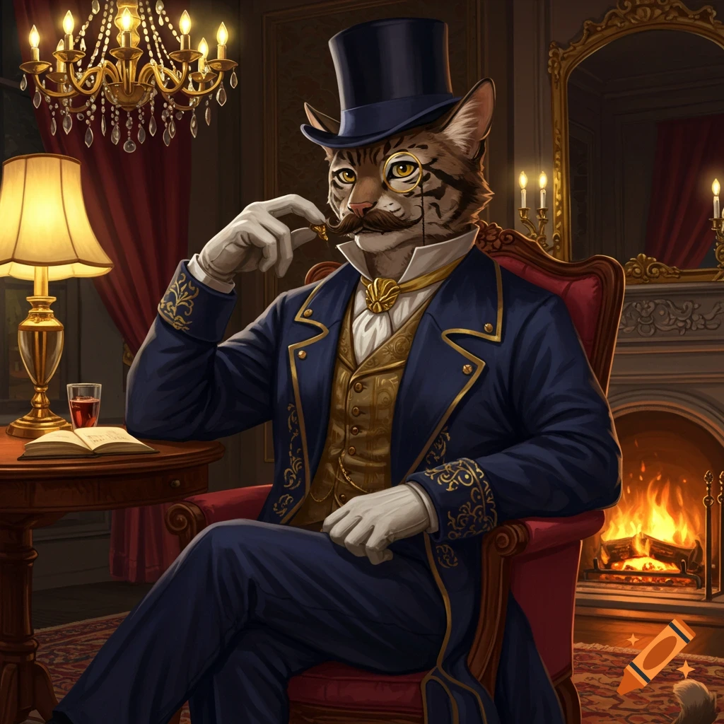 Posh Tabaxi in a blue suit, top hat, and monocle, with a handlebar mustache, sitting in a luxurious room with a fireplace.