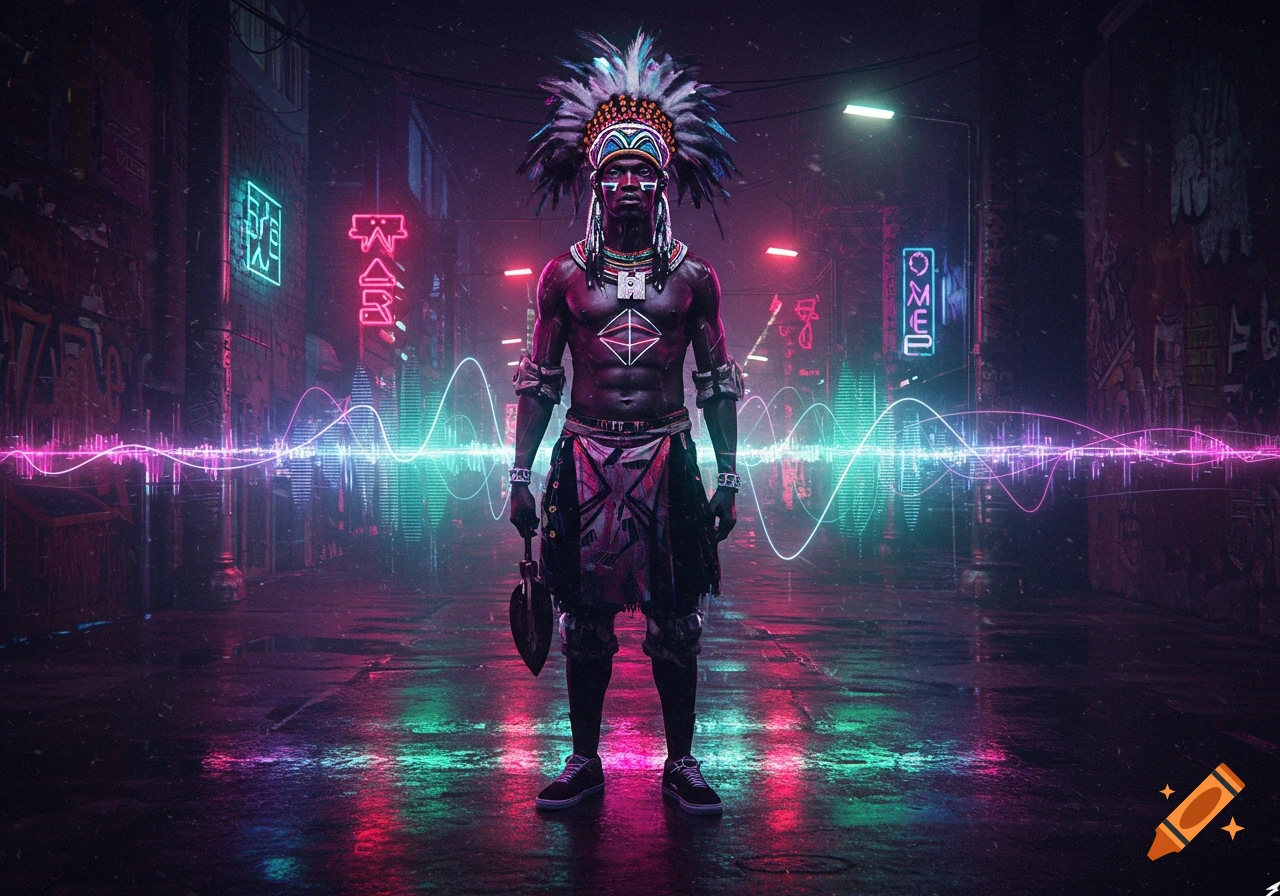 A Black man in a traditional feathered headdress and loincloth stands in a neon-lit cyberpunk alley with glowing sound waves.
