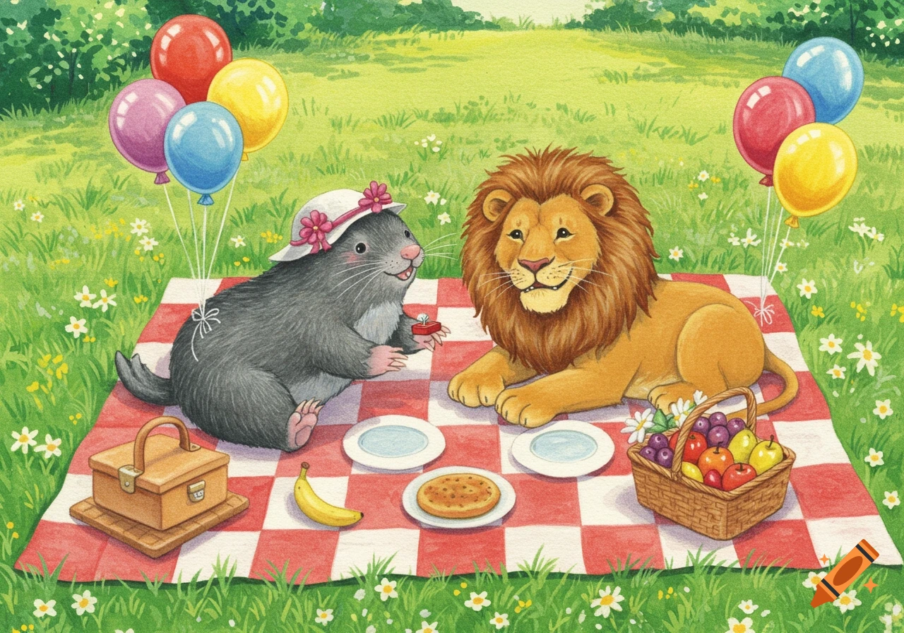 Whimsical illustration of a watermole with a ring and a lion on a picnic blanket in a sunny park with balloons and fruit.