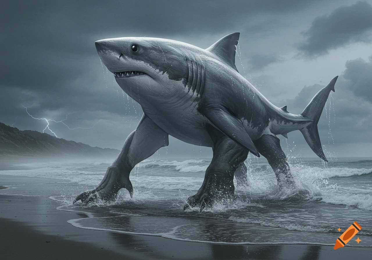 Photorealistic shark with clawed legs walks on a wet beach during a stormy day, with lightning in the background.