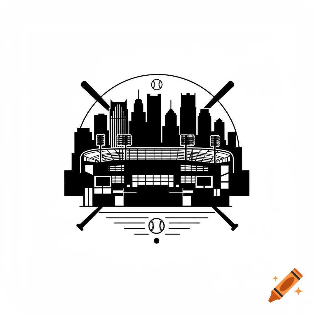 A stylized black-and-white silhouette design of a baseball stadium in front of a city skyline, with baseball bats and balls.