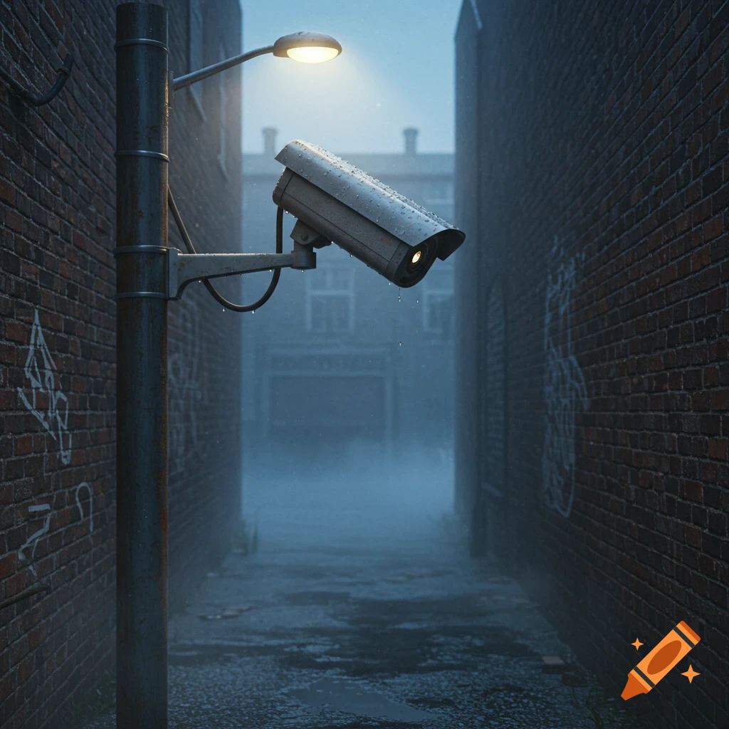 A detailed CCTV camera on a pole in a dark, misty, wet urban alley at night, illuminated by a street lamp.