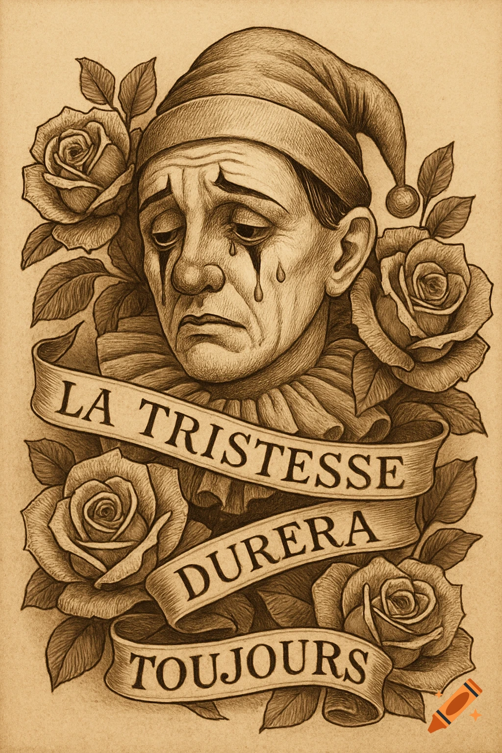 Sepia-toned tattoo-style illustration of a crying sad clown in a jester's hat, surrounded by roses and a banner reading 'LA TRISTESSE DURERA TOUJOURS'.