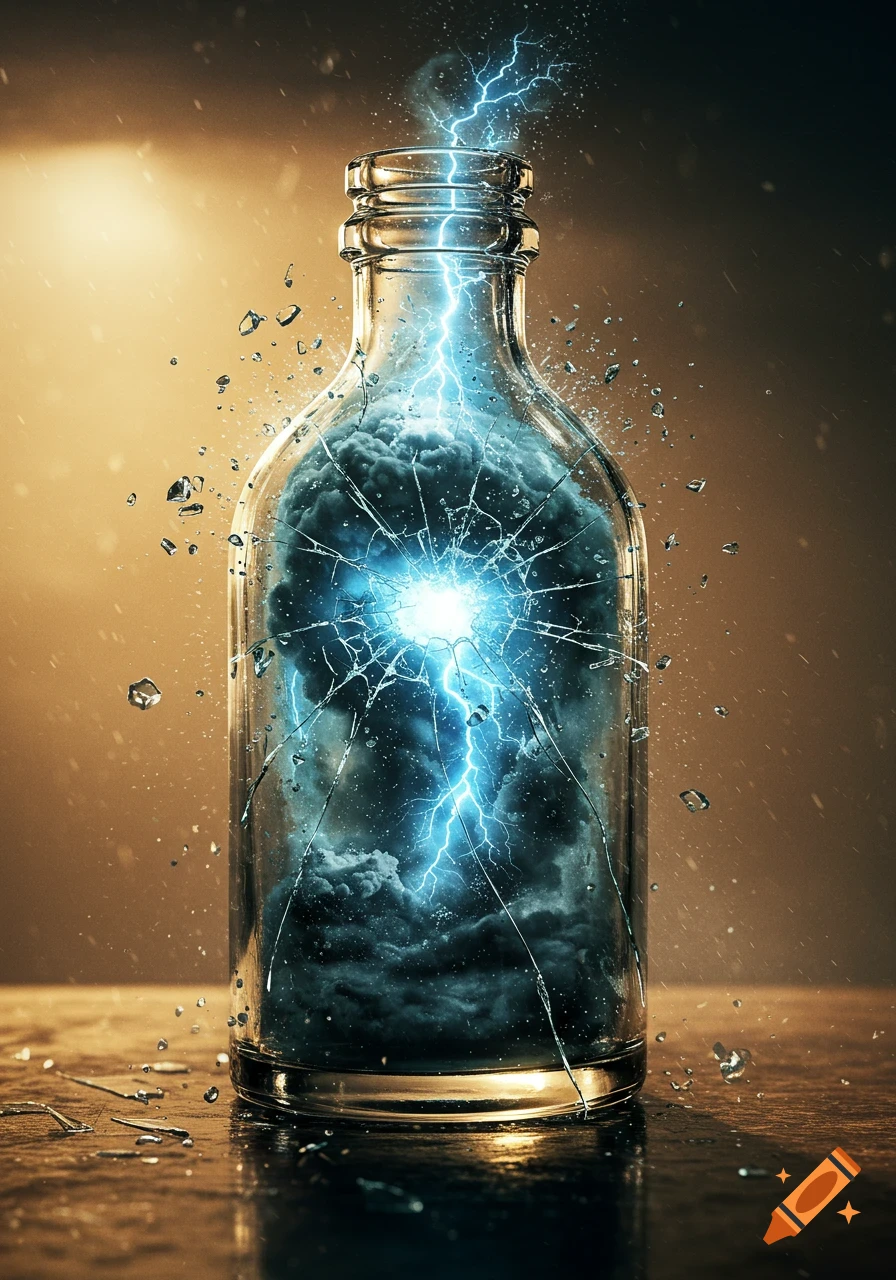 A clear glass bottle shatters, emanating bright blue lightning and dark storm clouds, with glass shards flying.
