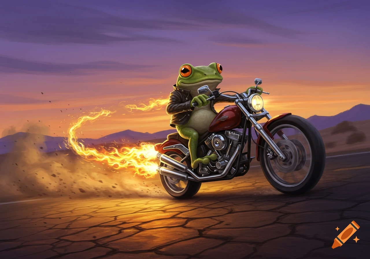A cartoon frog in a leather jacket rides a motorcycle with fiery exhaust on a cracked desert road at sunset.