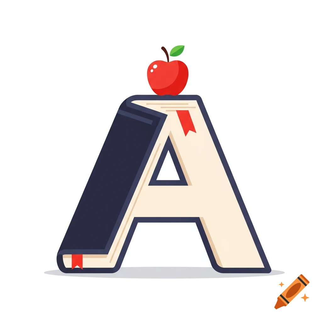 A stylized book shaped like the letter A with a red apple on top, against a white background.