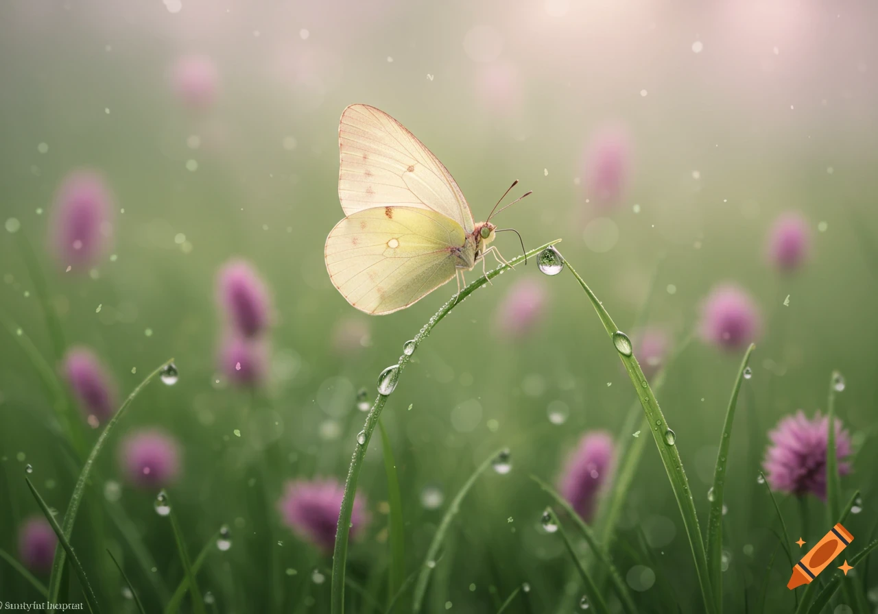 A delicate pastel yellow butterfly perches on a dewy blade of grass, with blurred purple flowers in the soft background.