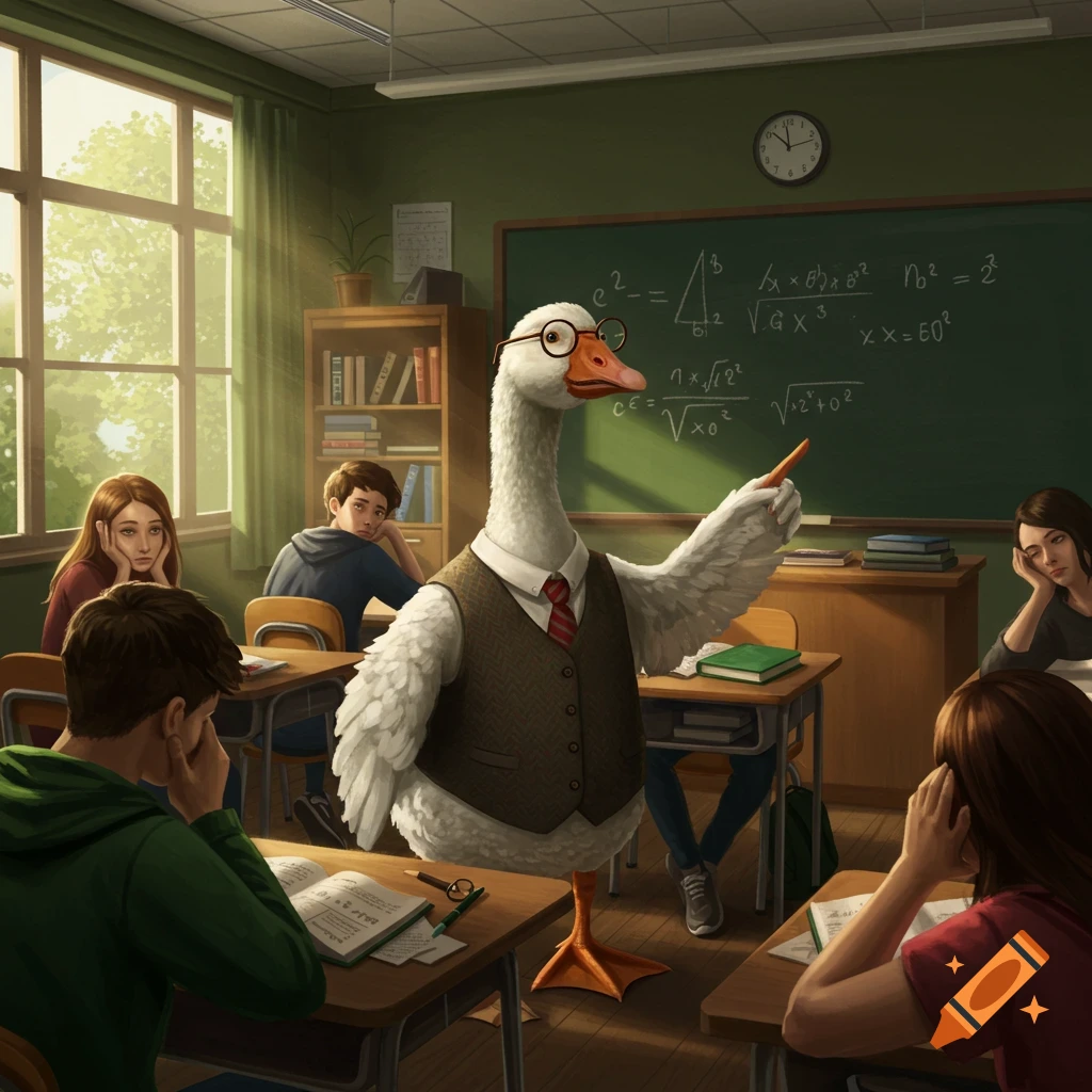 An anthropomorphic goose in a vest and tie teaches math, pointing at a blackboard in a classroom of bored teenagers.