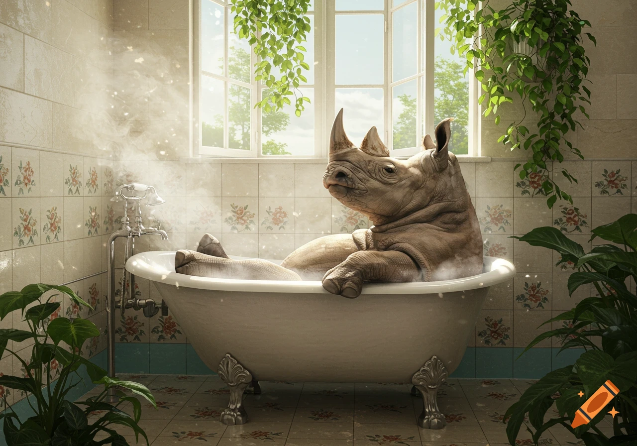 Photorealistic image of a rhinoceros relaxing in a steamy bathtub in a bright, tiled bathroom with plants.