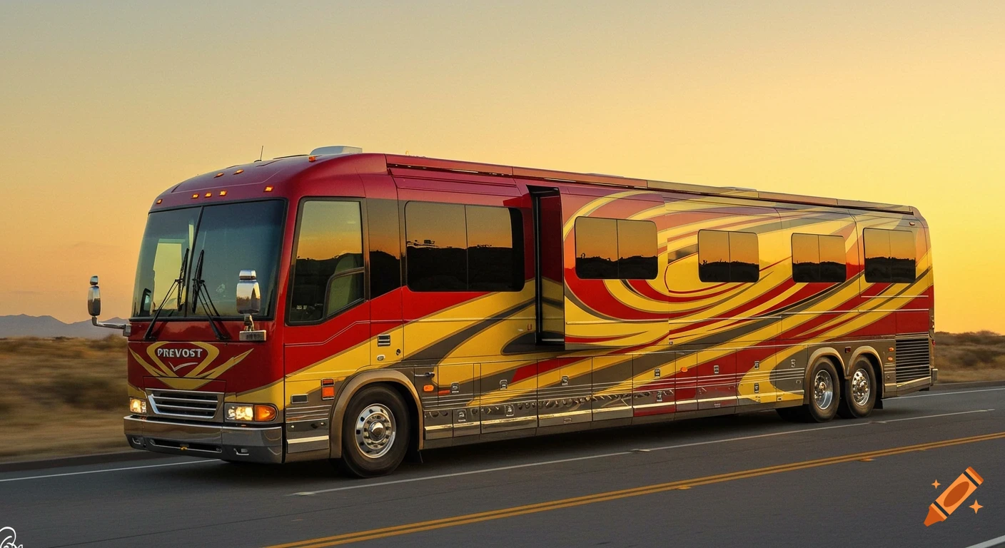 A red and yellow Prevost motor coach with abstract patterns drives down a highway at sunset.