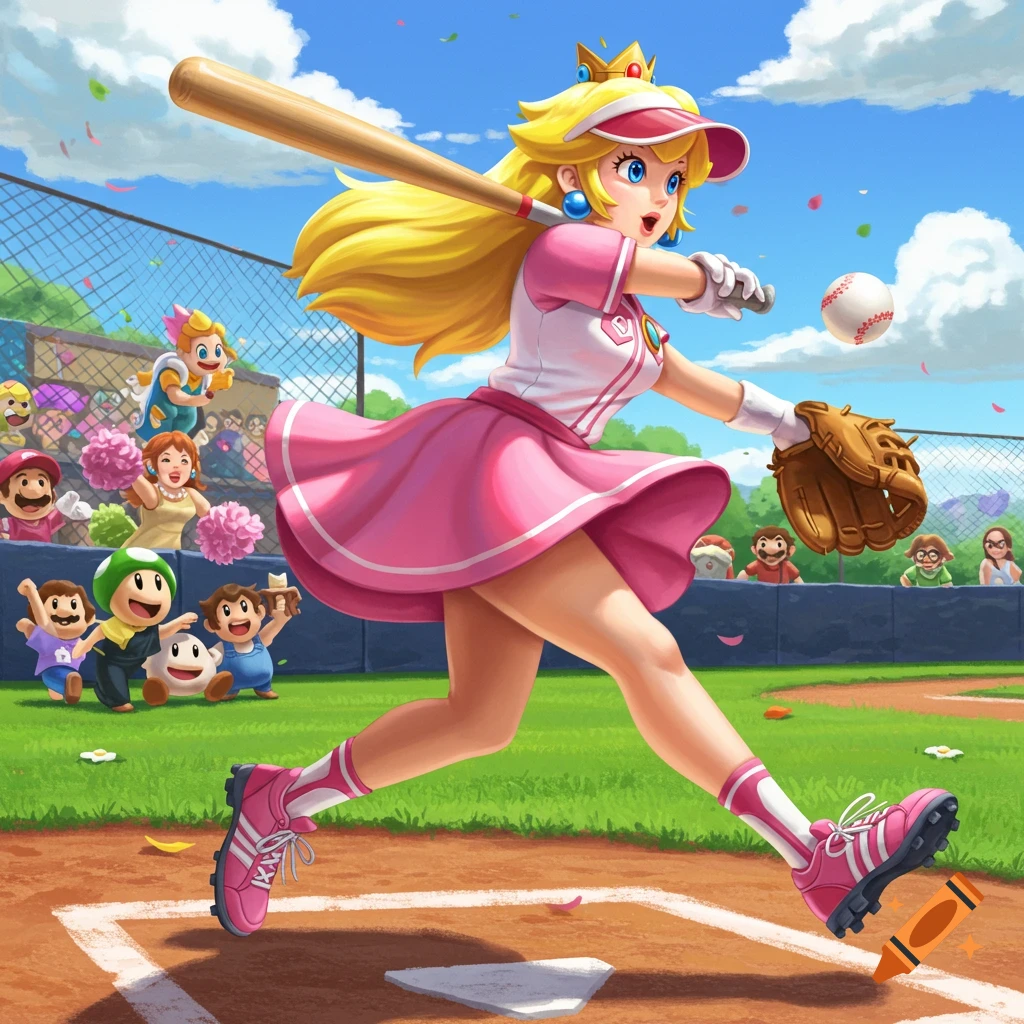 Princess Peach in a pink baseball uniform swinging a bat on a field, with Mario characters cheering. Vibrant cartoon style.