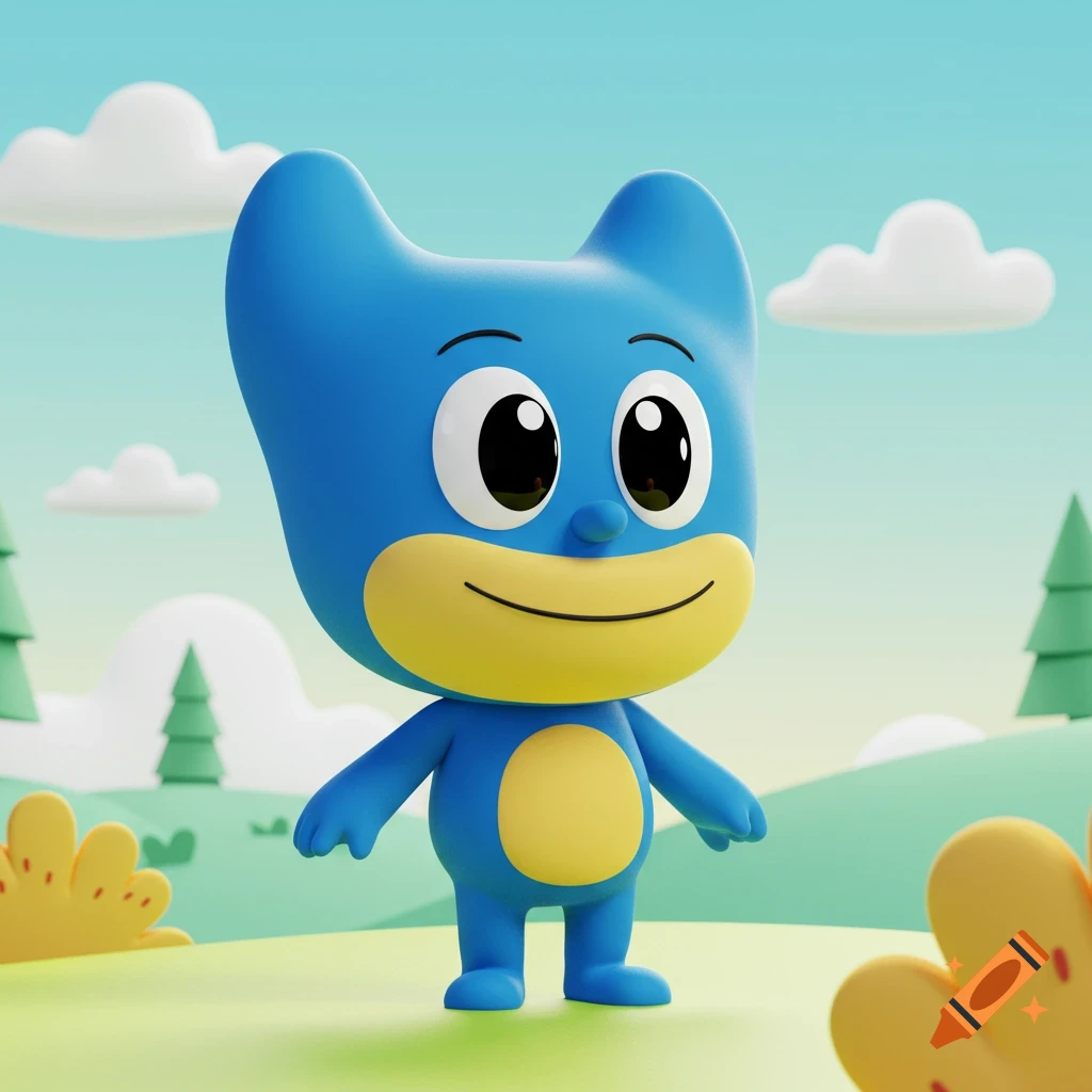 A cute, blue, cartoon cat-like character with a yellow snout and belly stands in a bright, green landscape with hills and clouds.