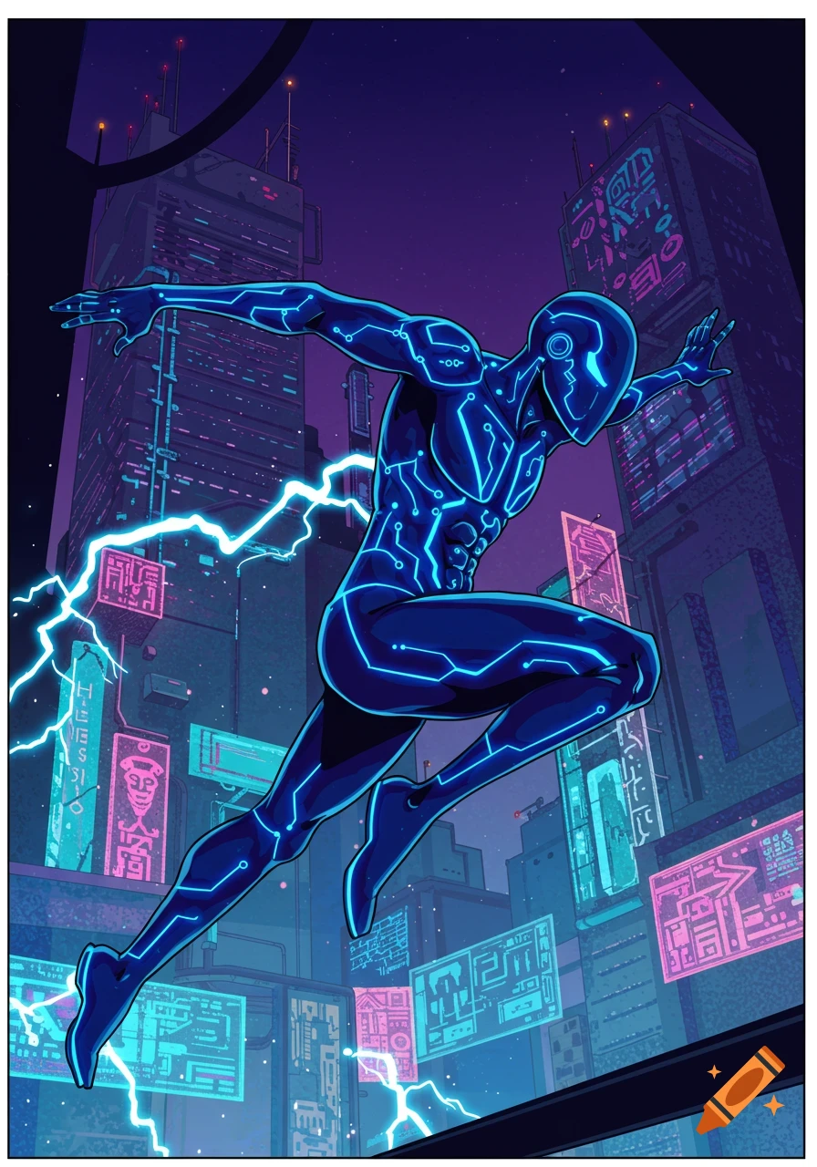 A superhero in a blue neon suit with lightning trails dashes through a futuristic cyberpunk city at night, comic art style.