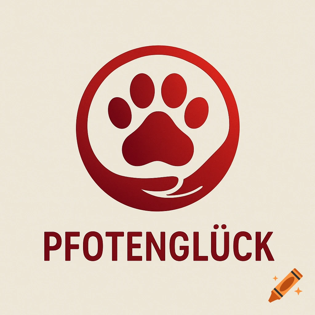 Red logo with a paw print and a hand in a circle above the text PFOTENGLÜCK on a cream background.
