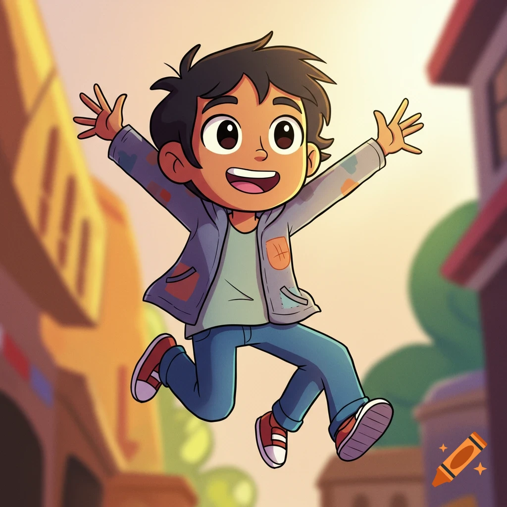 A happy cartoon boy with dark hair and a jacket jumps excitedly with arms wide in a city setting.
