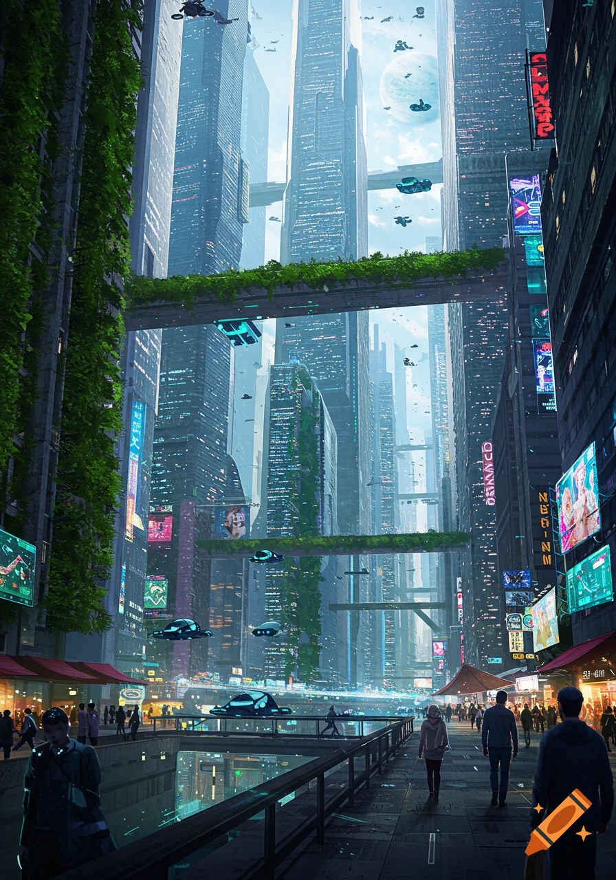 A futuristic city at dusk, with towering skyscrapers, flying vehicles, and lush green walkways connecting buildings, bustling with people on the streets below.