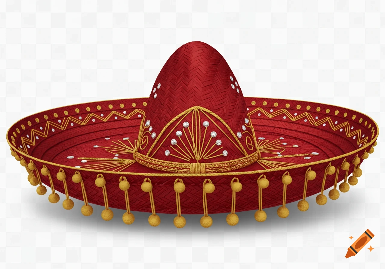 A vibrant red sombrero with intricate gold embroidery, white jewel embellishments, and golden tassels, against a transparent background.