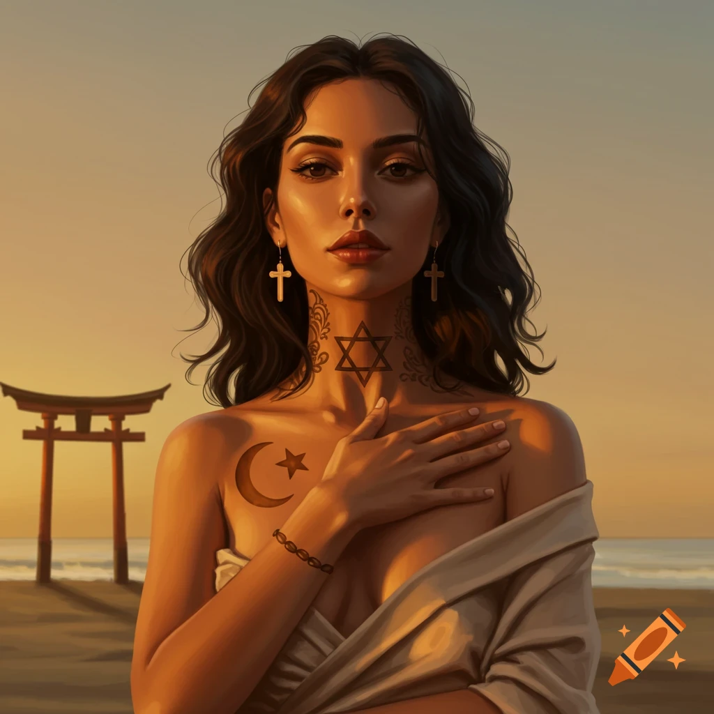Illustrative portrait of a woman with religious symbol tattoos on her neck and chest, cross earrings, on a beach at sunset.