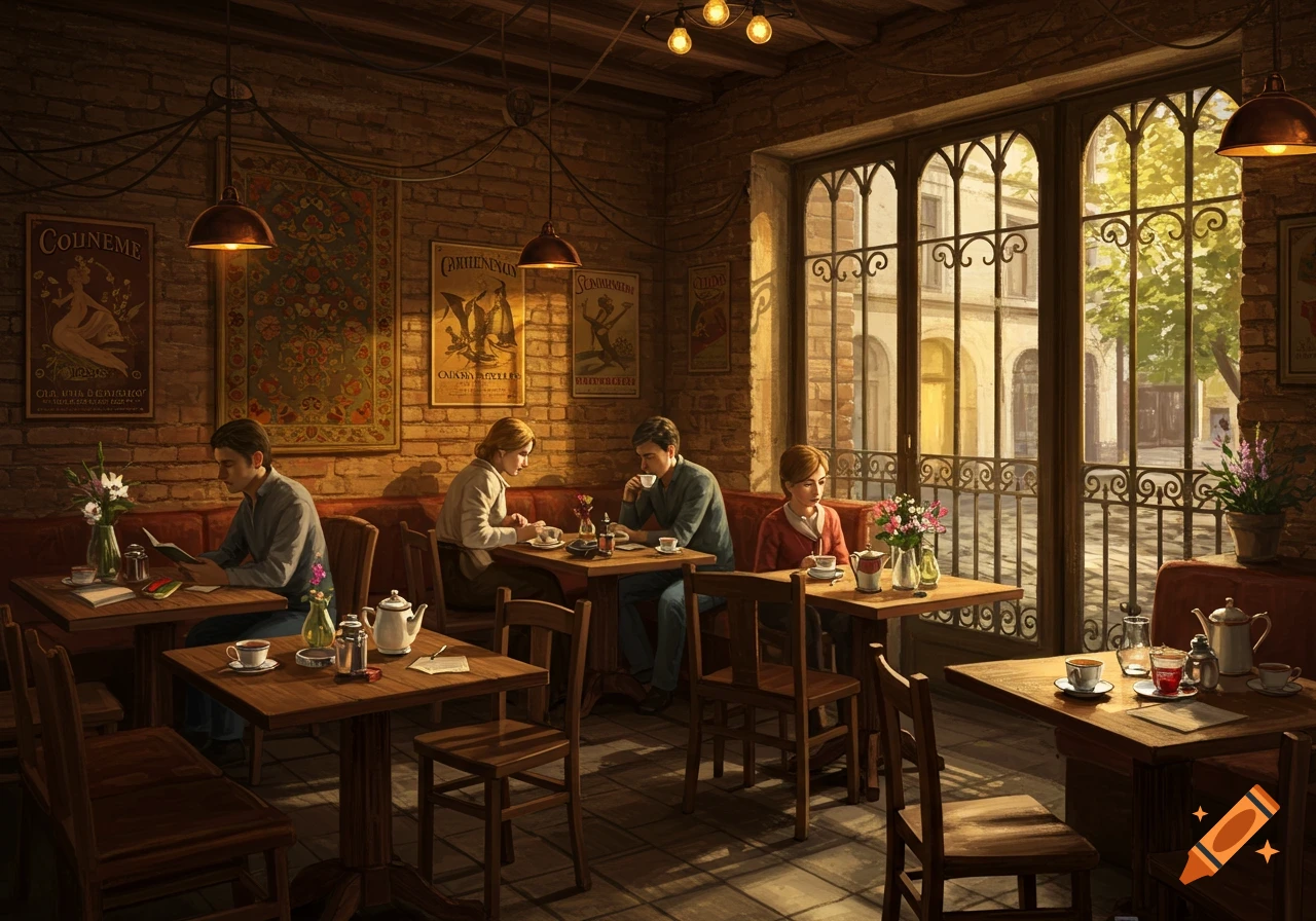 A richly lit cafe interior with brick walls, arched windows, and patrons enjoying drinks at wooden tables, rendered in a detailed, painterly style.