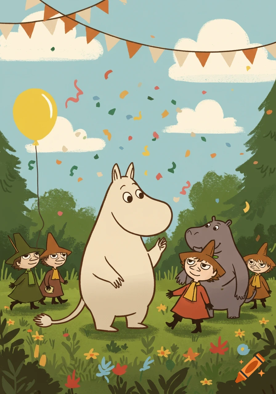Moomin characters and friends celebrate outdoors with confetti, a balloon, and bunting in a colorful cartoon style.