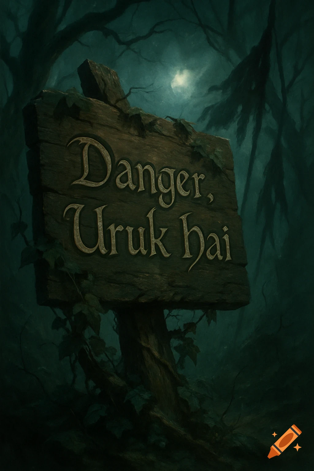 A weathered wooden sign in a dark, moonlit fantasy forest, inscribed with 'Danger, Uruk hai' in an ornate font.