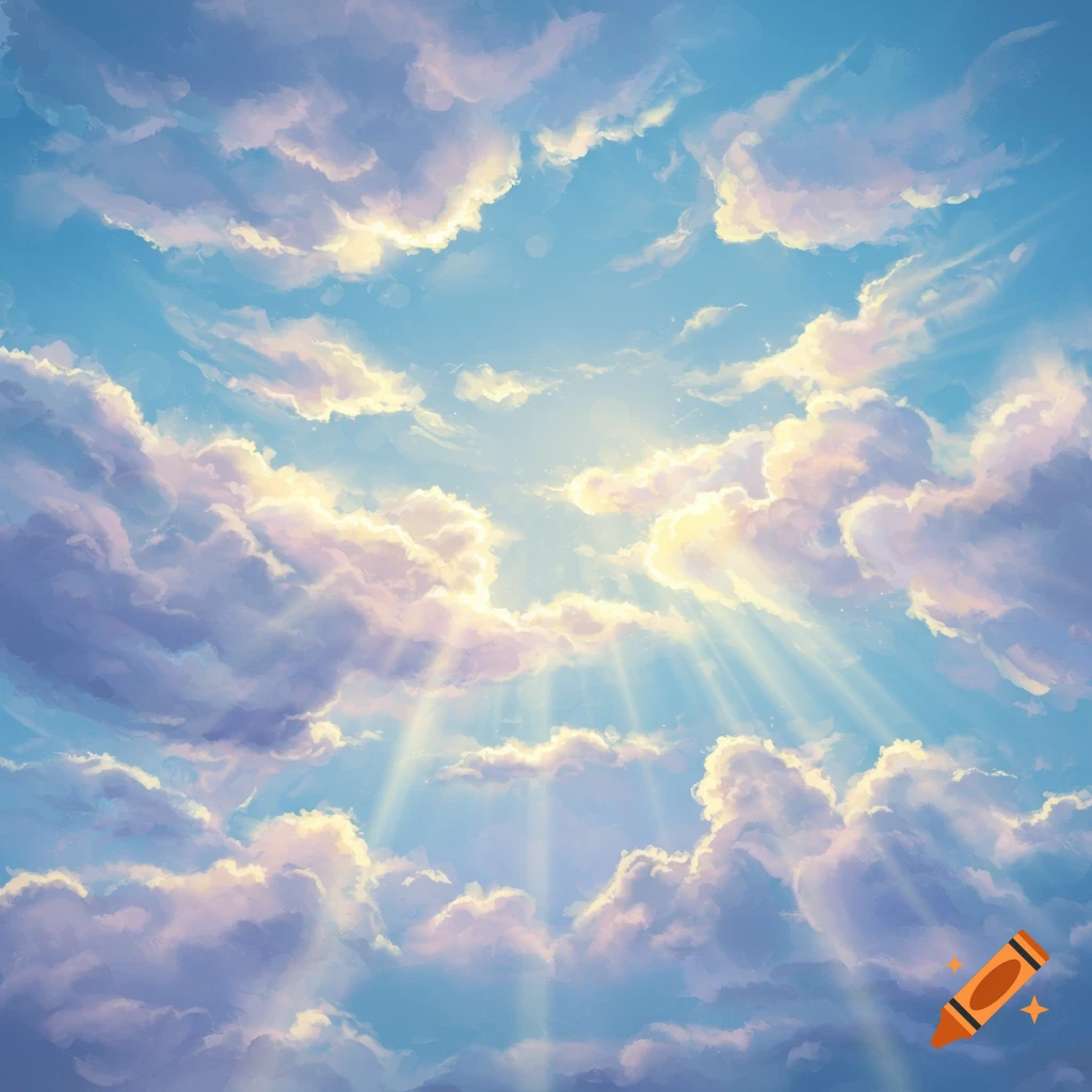 Bright blue sky filled with fluffy, ethereal clouds and golden sunrays, in a painterly style.