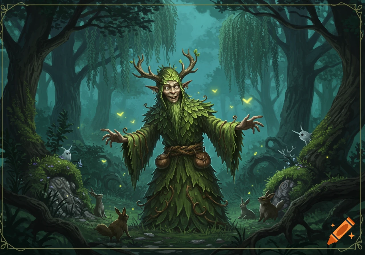 Mischievous druid in a leafy cloak with antlers stands in a magical, dark forest with glowing butterflies and rabbits. Fantasy illustration.