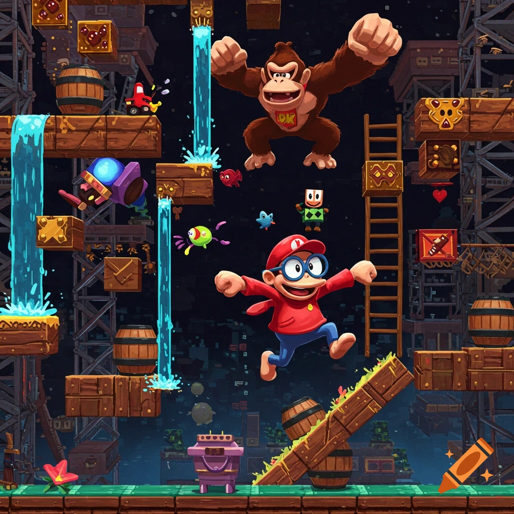 Donkey Kong and a Mario-like character jump through a vibrant, cartoonish platformer level with waterfalls, barrels, and wooden structures.