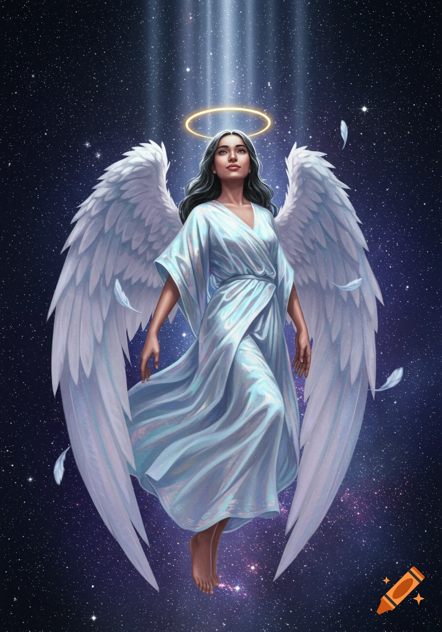 An angelic woman with large white wings, a golden halo, and an iridescent gown floats in a starry night sky under beams of light.
