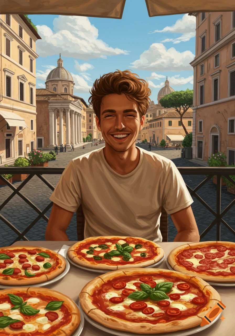 Smiling man at an outdoor cafe table with pizzas, Roman buildings and a blue sky in the background, illustration.