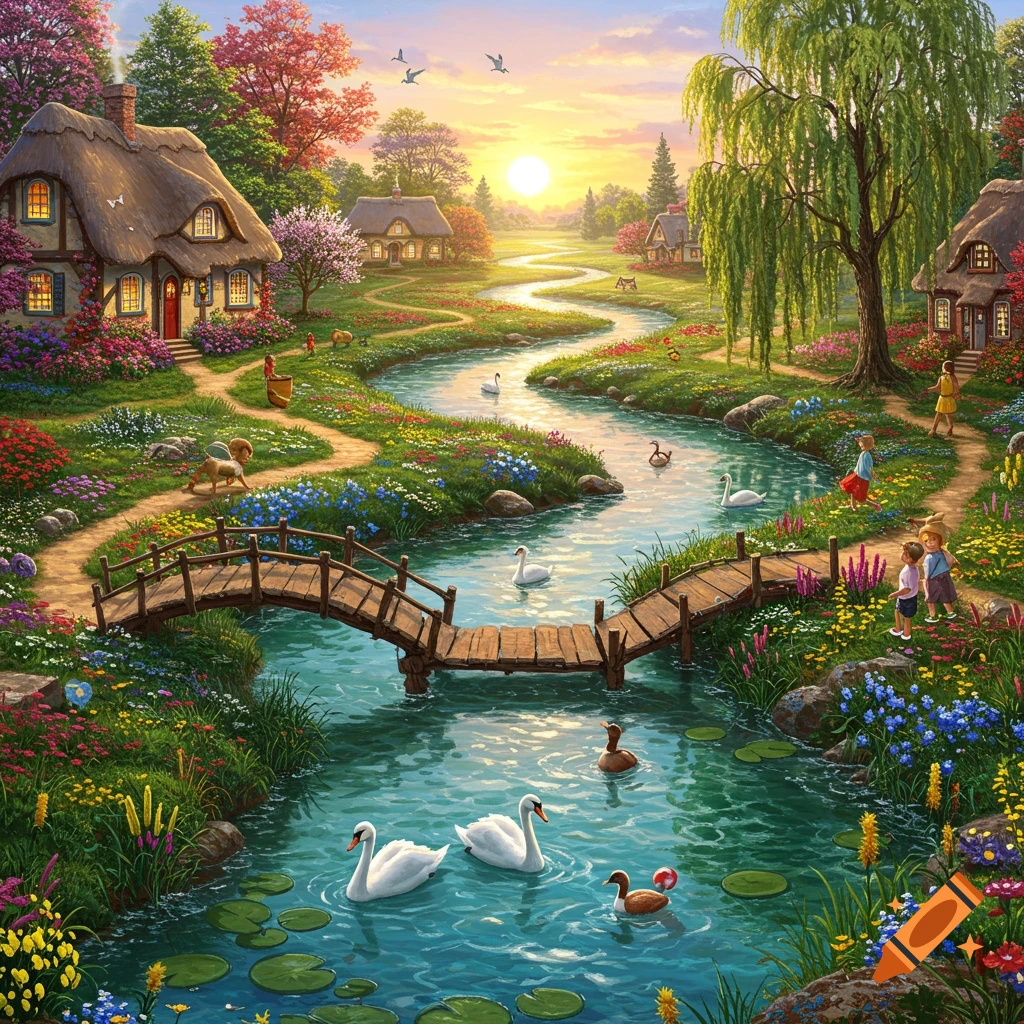 A vibrant, painterly fantasy landscape with a winding river, thatched cottages, children, and swans under a sunset sky.