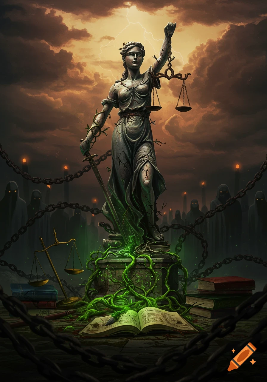Cracked stone Lady Justice statue entwined with glowing green vines and chains under a stormy sky, surrounded by eerie hooded figures.