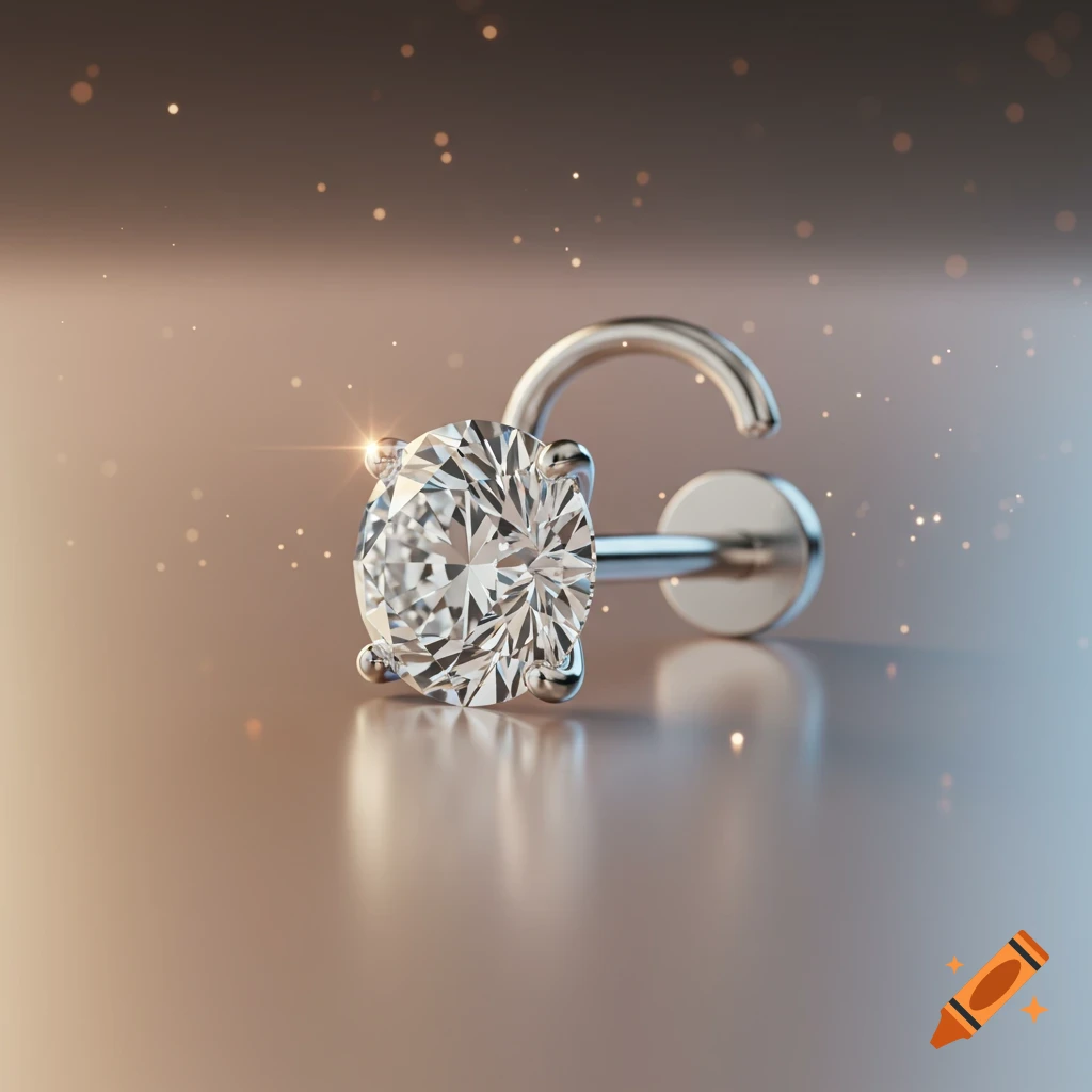 A close-up of a sparkling diamond nose stud on a reflective surface, with light particles floating around.