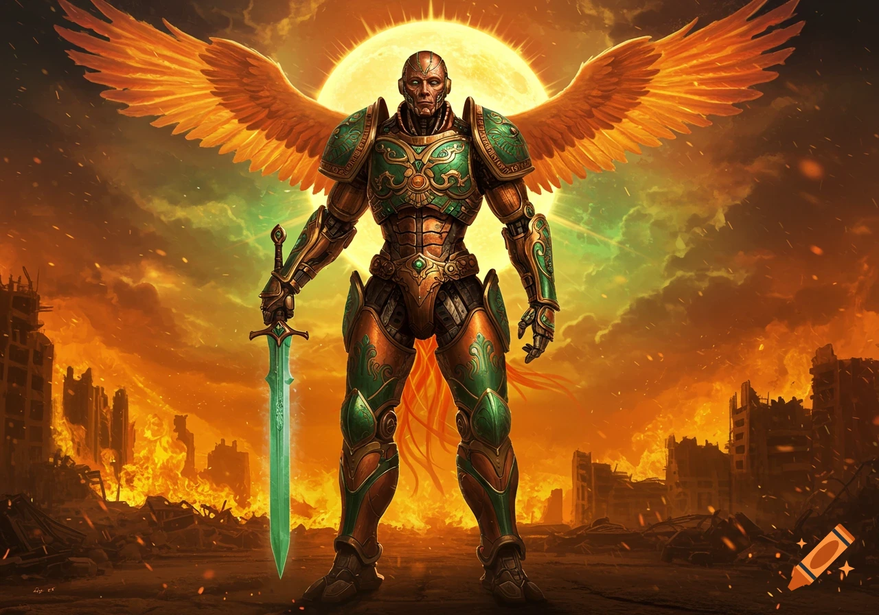 A powerful, winged robotic warrior in ornate green and gold armor stands in a fiery, destroyed city under a huge, glowing sun, holding a jade-like sword.