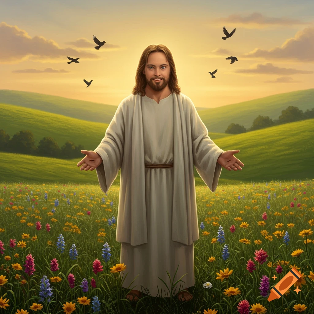 Jesus with Down Syndrome, with open arms, stands in a colorful flower field with green hills and birds at sunset, digital painting.