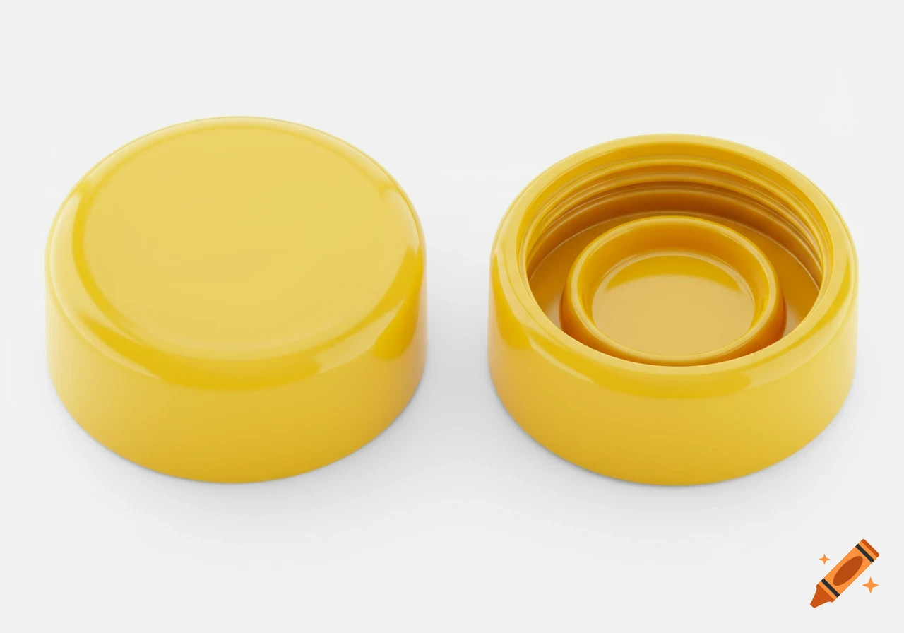 Two yellow honey bottle caps, one inverted to show the inner drip-catch basin, on a white background, photorealistic 3D render.