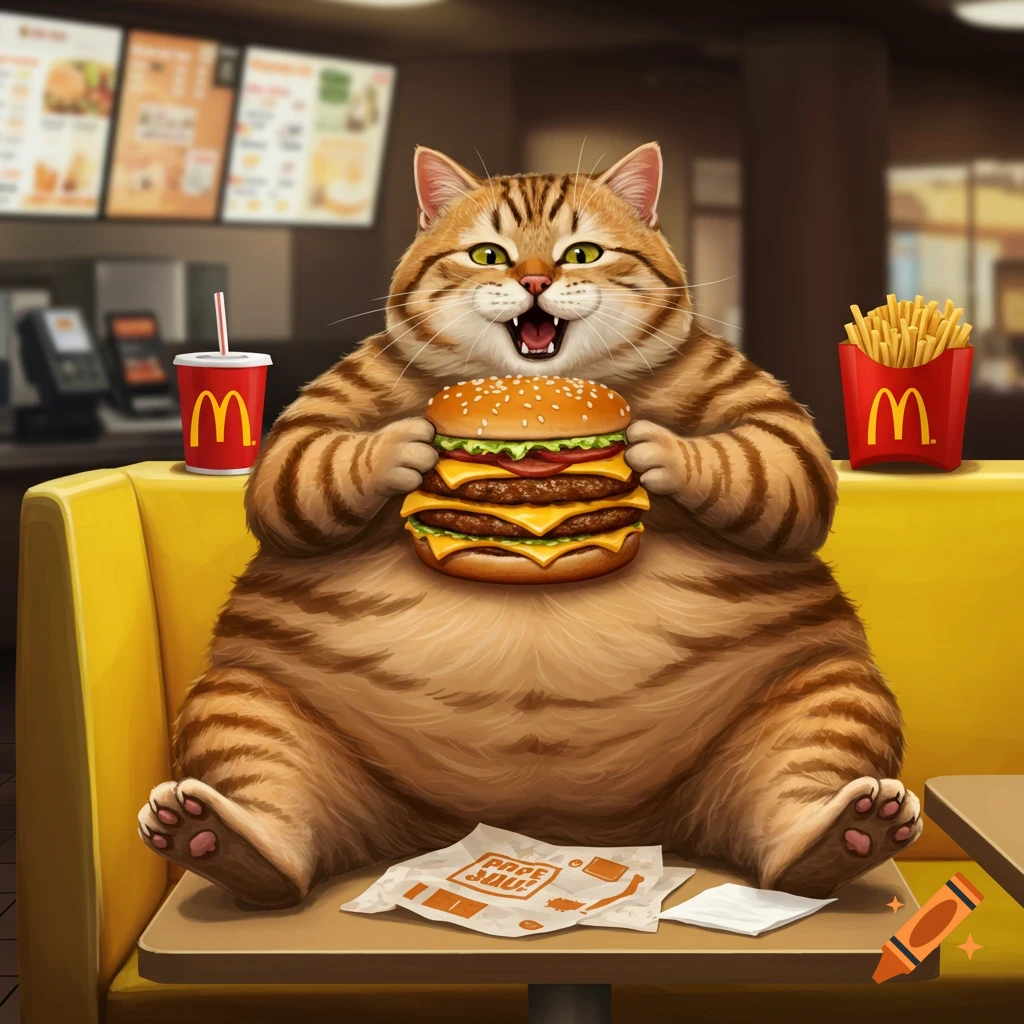 A happy, chonky cartoon tabby cat eats a triple cheeseburger at a McDonald's restaurant, with fries and a soda.