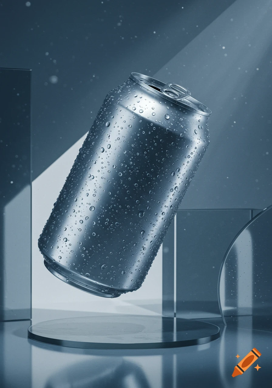 Photorealistic image of a floating silver beverage can covered in condensation, set against a minimalist blue geometric background.