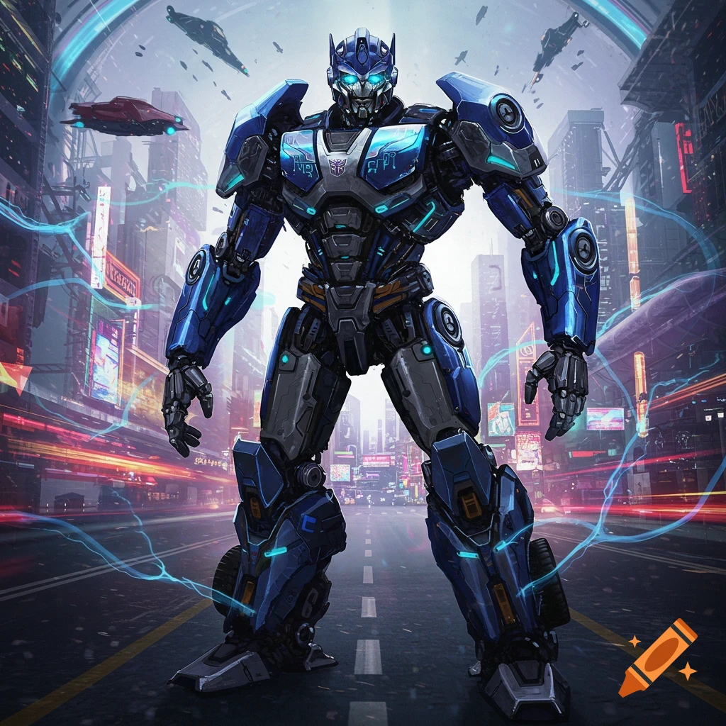 A blue and grey robot, resembling a Transformer, stands on a road in a futuristic city with glowing blue energy effects.
