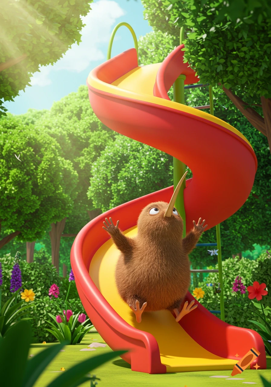 A fluffy brown cartoon kiwi bird with a long beak slides down a red and yellow playground slide in a sunny park.