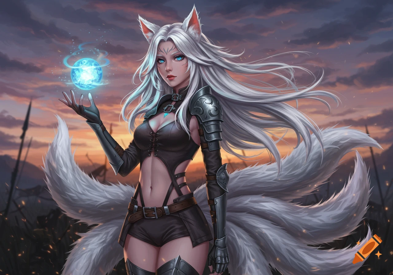 A white-haired kitsune in leather armor holds a glowing blue orb on a fantasy battlefield at dusk, anime style.